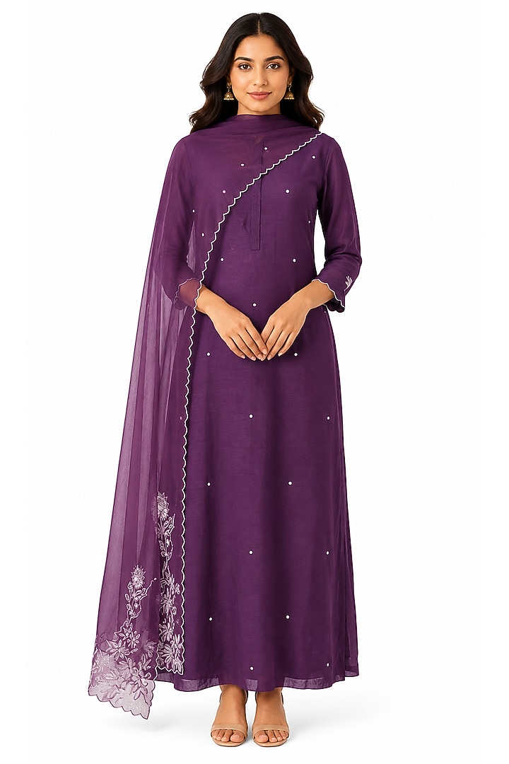 Purple Silk Aari Work Party Wear Anarkali by Ridhi garg at Pernia's Pop Up Shop