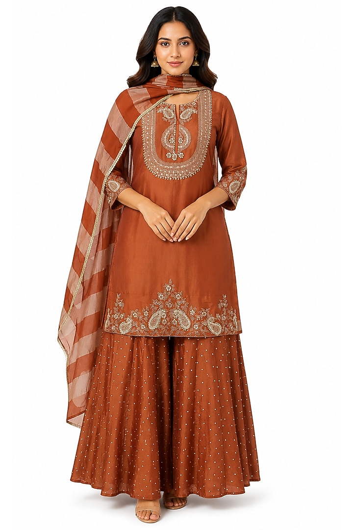 Rust Tissue Wedding Sharara Set by Ridhi garg at Pernia's Pop Up Shop