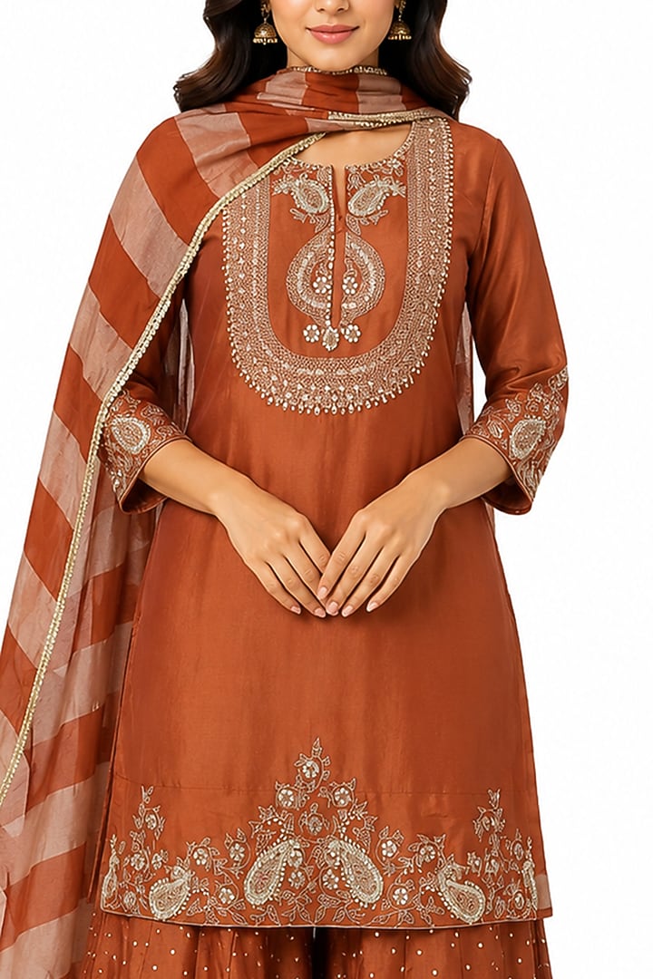 Rust Tissue Wedding Sharara Set by Ridhi garg at Pernia's Pop Up Shop