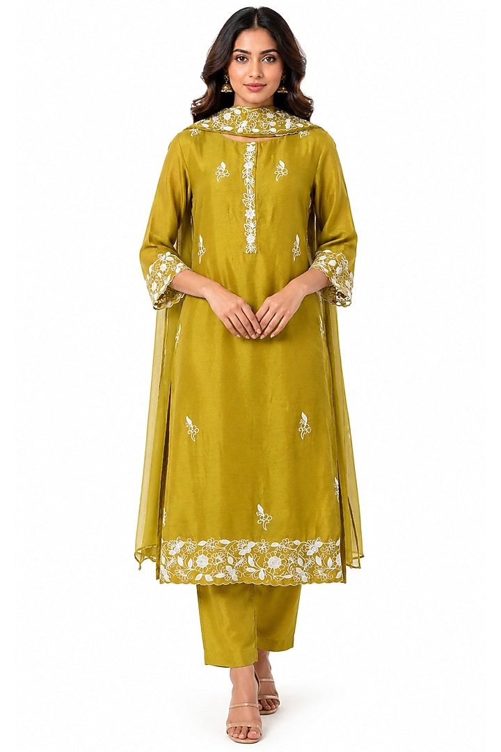 Lemon Yellow Silk Aari Work Kurta Set by Ridhi garg at Pernia's Pop Up Shop