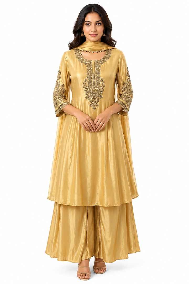 Yellow Silk Crepe Wedding Sharara Set by Ridhi garg at Pernia's Pop Up Shop
