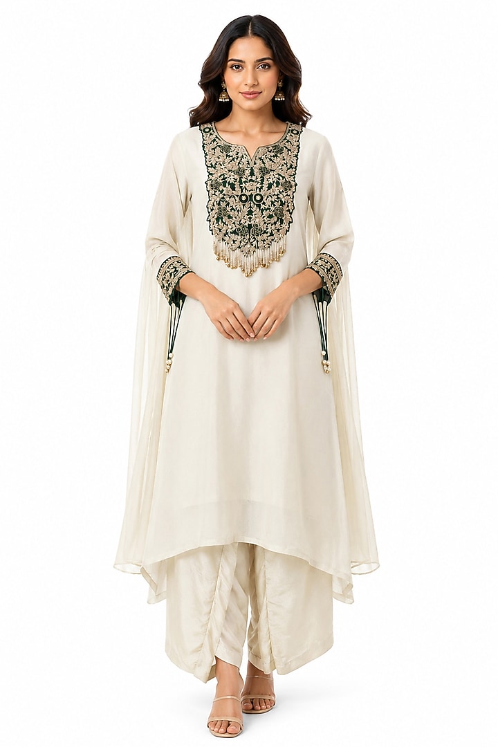 Off-White Tissue Hand Embroidered Kaftan Set by Ridhi garg at Pernia's Pop Up Shop
