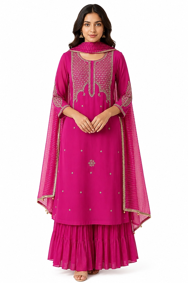 Pink Silk Hand Work Kurta Set by Ridhi garg at Pernia's Pop Up Shop