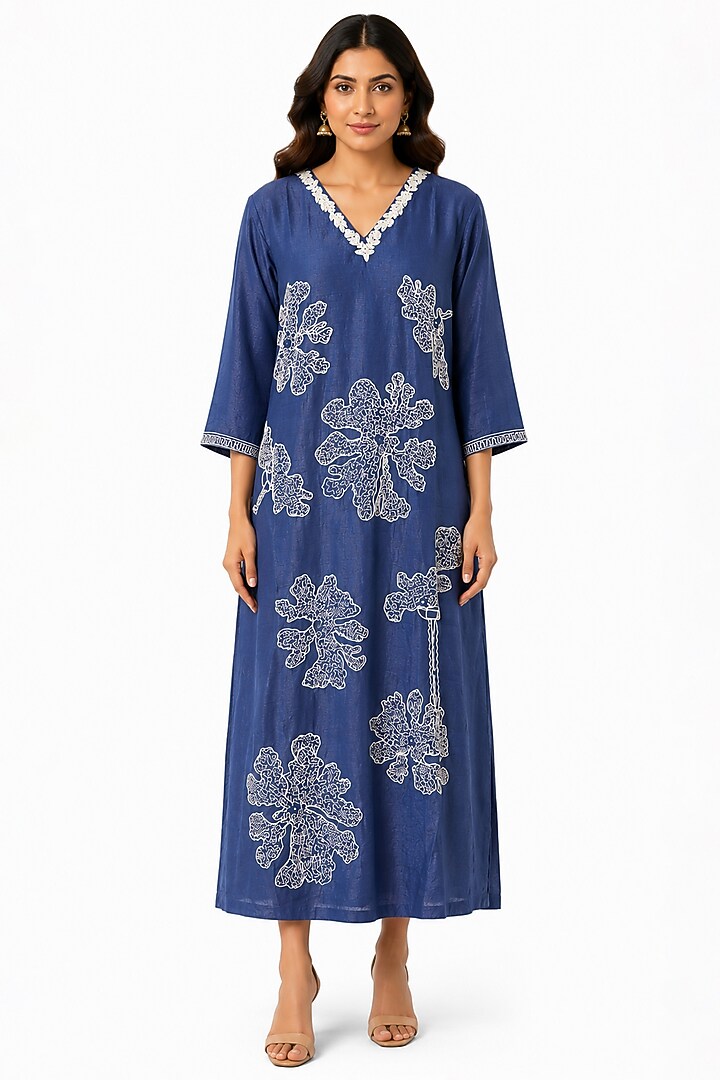 Indigo Blue Silk Aari Work Party Wear Anarkali Set by Ridhi garg at Pernia's Pop Up Shop