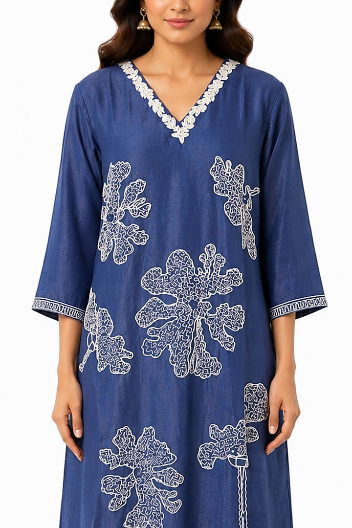 Indigo Blue Silk Aari Work Party Wear Anarkali Set by Ridhi garg at Pernia's Pop Up Shop