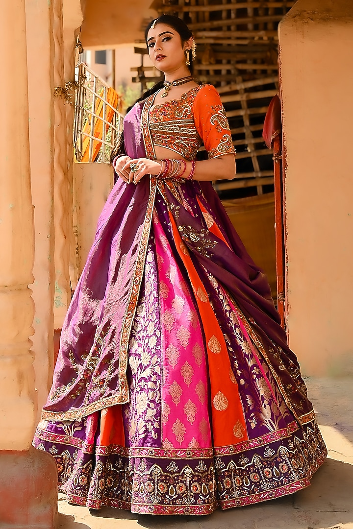Multi-Colored Banarasi Silk Zardosi Embroidered Bridal Bridal Lehenga Set by Ridhi garg at Pernia's Pop Up Shop
