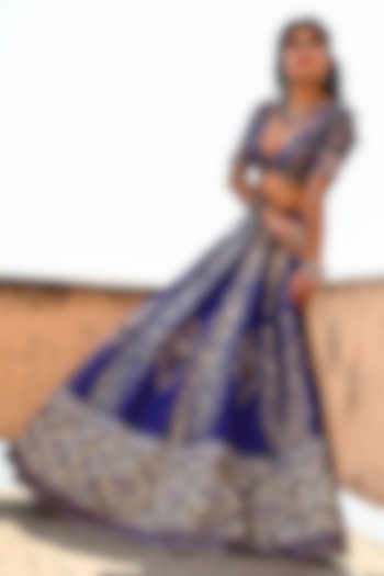 Blue Banarasi Silk Zardosi Embroidered Bridal Bridal Lehenga Set by Ridhi garg at Pernia's Pop Up Shop