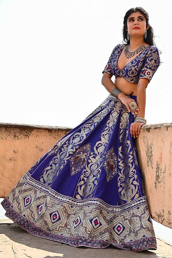 Blue Banarasi Silk Zardosi Embroidered Bridal Bridal Lehenga Set by Ridhi garg at Pernia's Pop Up Shop