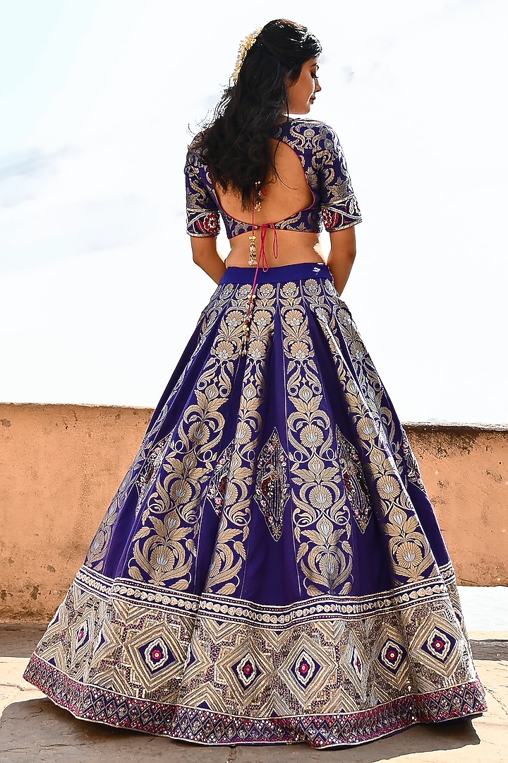 Blue Banarasi Silk Zardosi Embroidered Bridal Bridal Lehenga Set by Ridhi garg at Pernia's Pop Up Shop