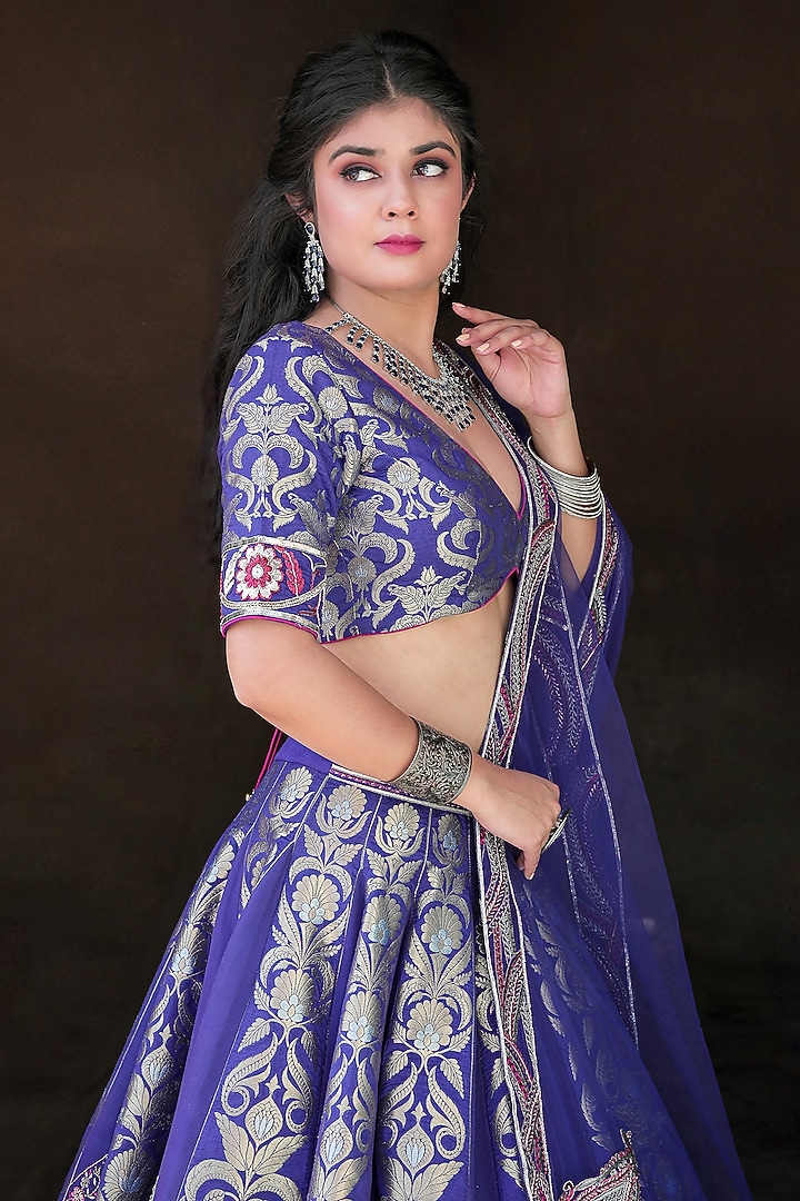 Blue Banarasi Silk Zardosi Embroidered Bridal Bridal Lehenga Set by Ridhi garg at Pernia's Pop Up Shop