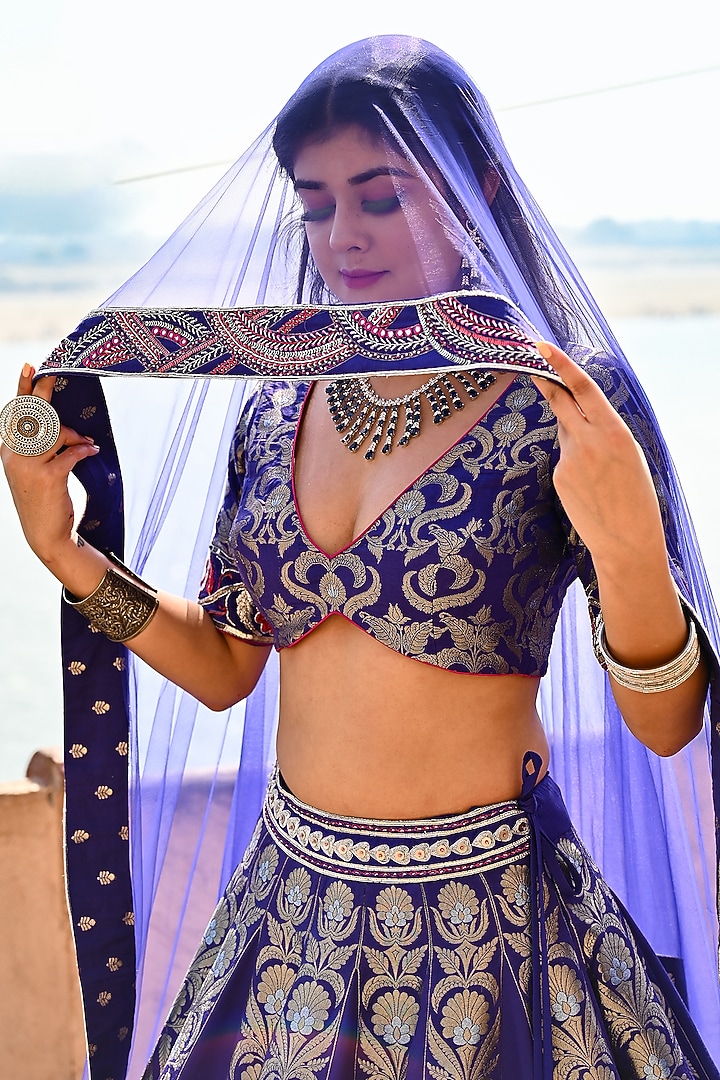 Blue Banarasi Silk Zardosi Embroidered Bridal Bridal Lehenga Set by Ridhi garg at Pernia's Pop Up Shop