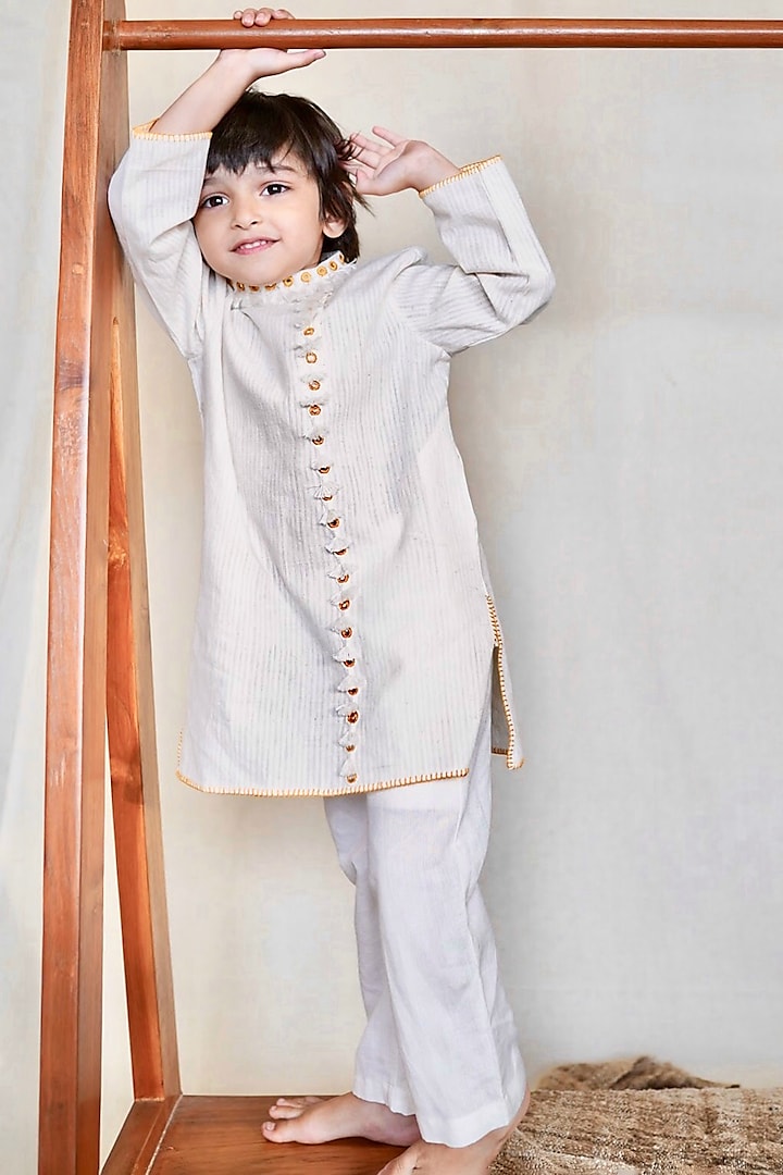 White Hand Embroidered Kurta Set For Boys by The Right Cut Kids