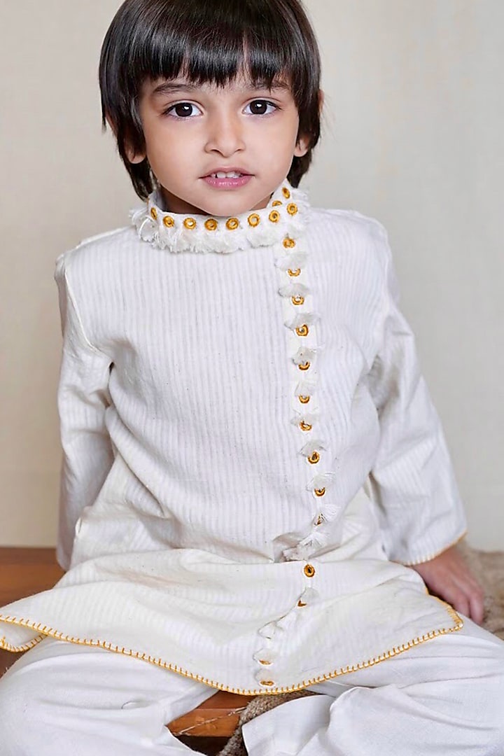 White Hand Embroidered Kurta Set For Boys by The Right Cut Kids at