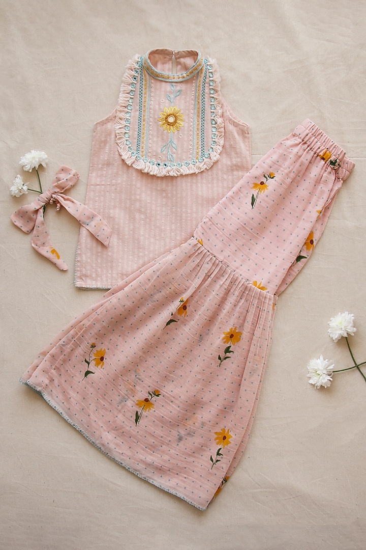 Sunset Pink Hand Embroidered Sharara Set For Girls by The Right Cut Kids at Pernia's Pop Up Shop