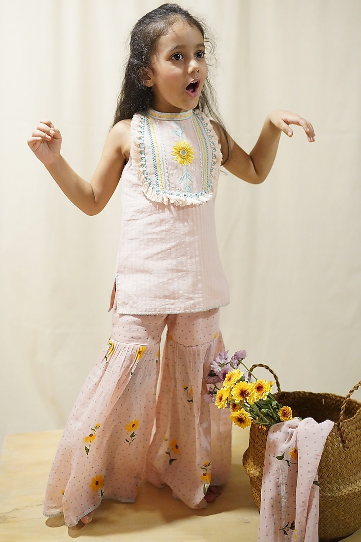 Sunset Pink Hand Embroidered Sharara Set For Girls by The Right Cut Kids