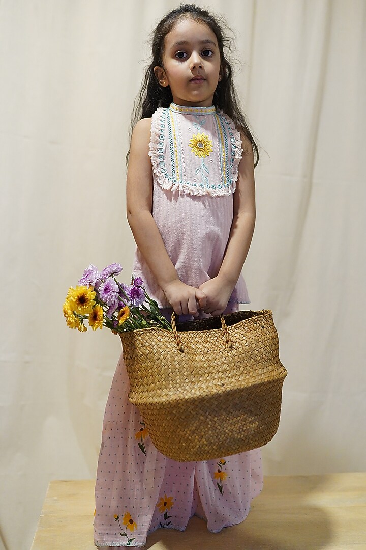 Sunset Pink Hand Embroidered Sharara Set For Girls by The Right Cut Kids at Pernia's Pop Up Shop