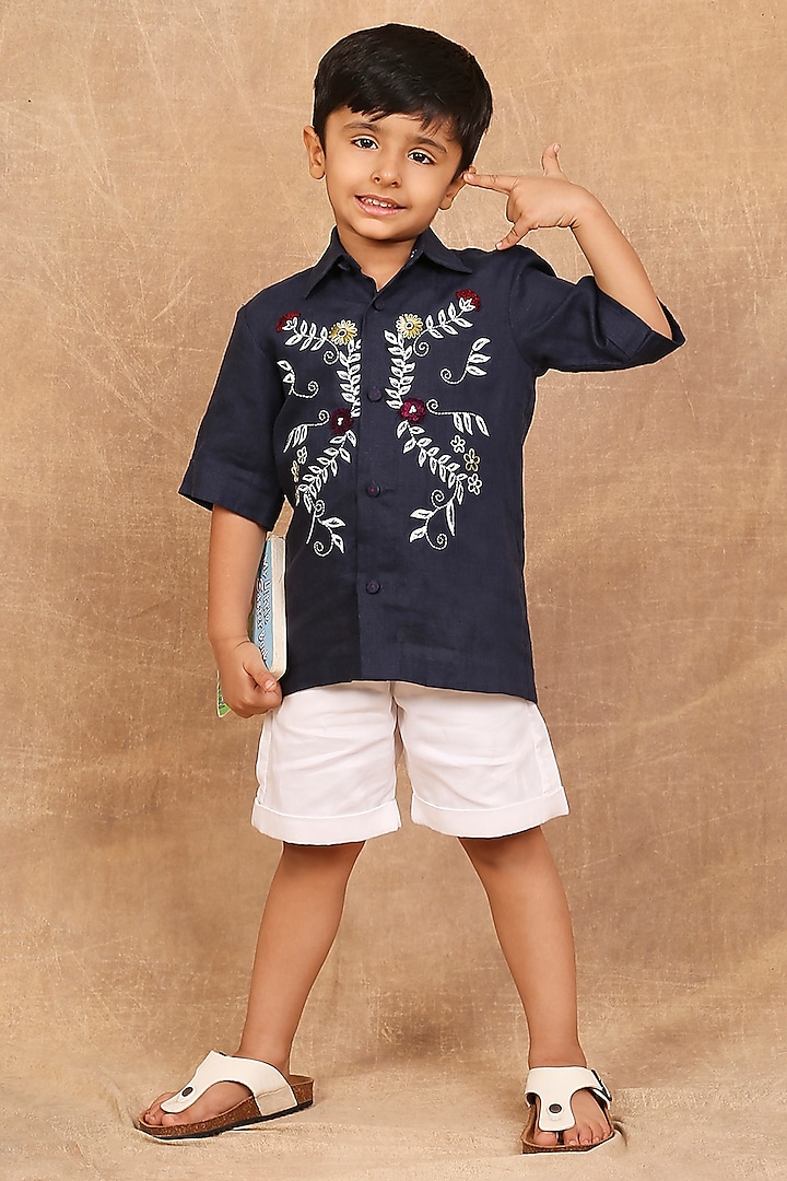 Indigo Linen Floral Embroidered Shirt For Boys by The Right Cut Kids