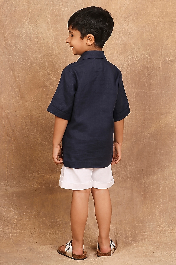 Indigo Linen Floral Embroidered Shirt For Boys by The Right Cut Kids at Pernia's Pop Up Shop