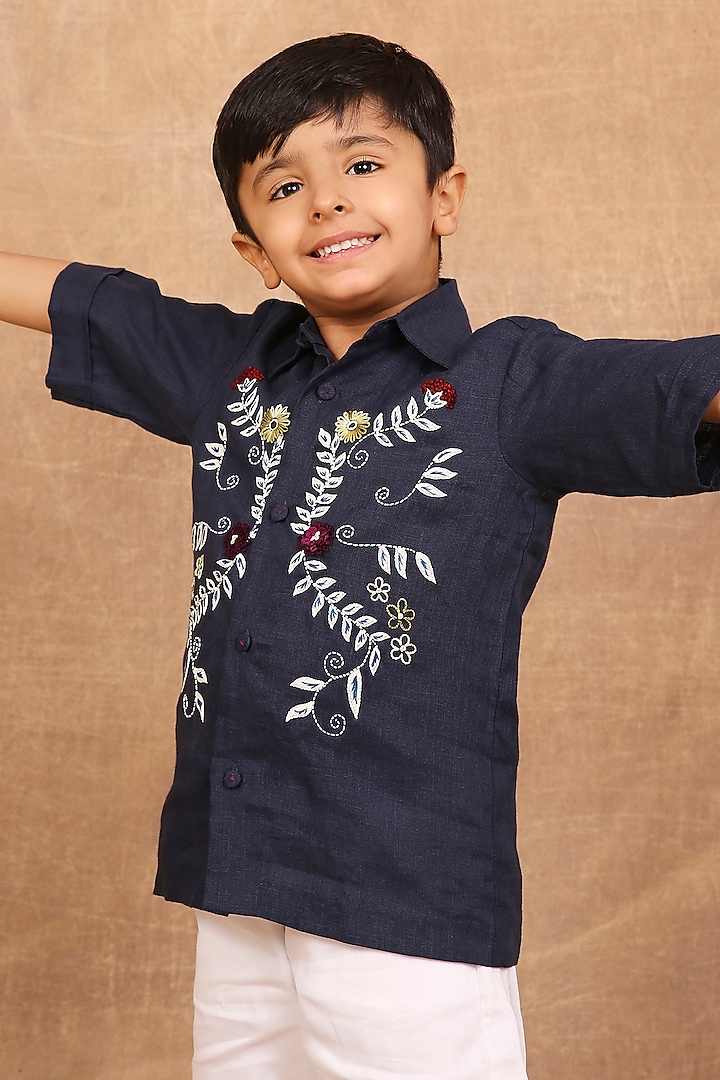 Indigo Linen Floral Embroidered Shirt For Boys by The Right Cut Kids at Pernia's Pop Up Shop
