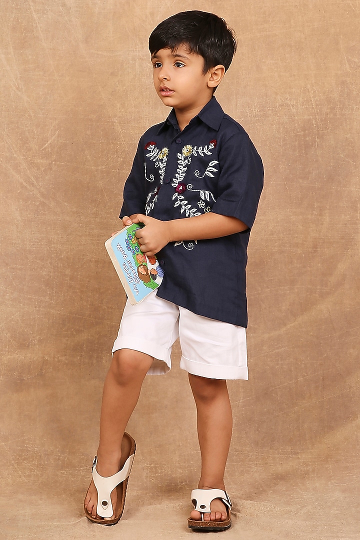 Indigo Linen Floral Embroidered Shirt For Boys by The Right Cut Kids at Pernia's Pop Up Shop