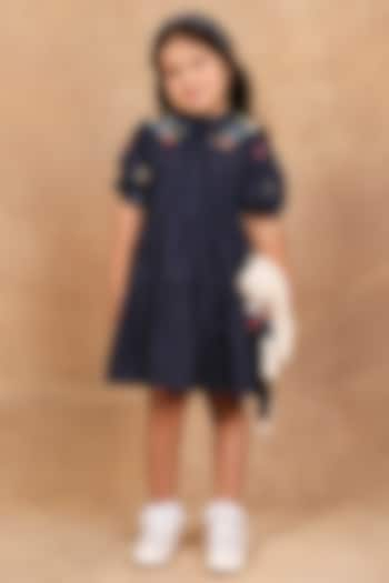 Indigo Linen Floral Embroidered Dress For Girls by The Right Cut Kids at Pernia's Pop Up Shop