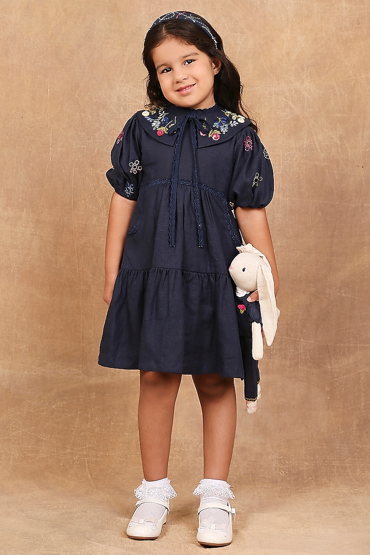 Indigo Linen Floral Embroidered Dress For Girls by The Right Cut Kids at Pernia's Pop Up Shop