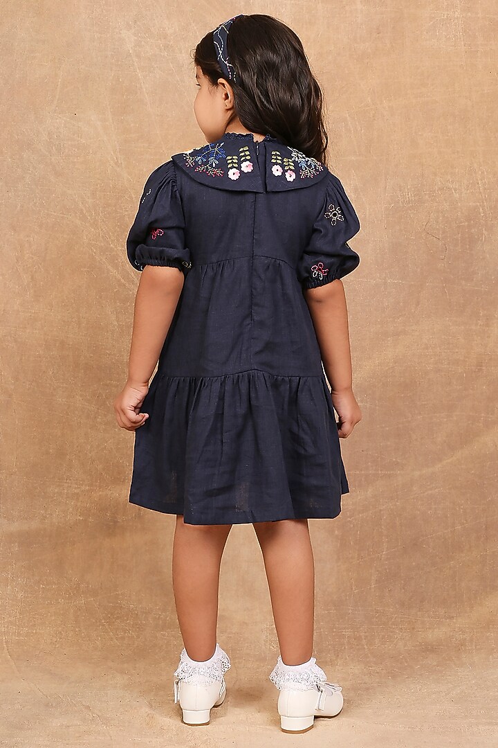 Indigo Linen Floral Embroidered Dress For Girls by The Right Cut Kids at Pernia's Pop Up Shop