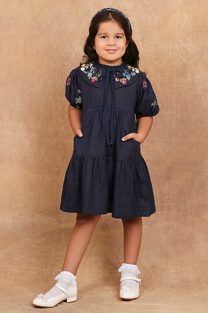 Indigo Linen Floral Embroidered Dress For Girls by The Right Cut Kids at Pernia's Pop Up Shop