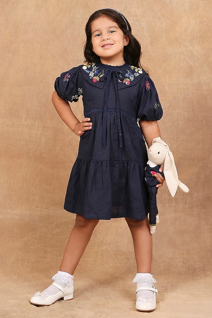 Indigo Linen Floral Embroidered Dress For Girls by The Right Cut Kids at Pernia's Pop Up Shop