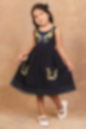 Charcoal Black Organic Cotton Floral Embroidered Dress For Girls by The Right Cut Kids at Pernia's Pop Up Shop