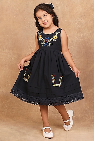 Charcoal Black Organic Cotton Floral Embroidered Dress For Girls by The Right Cut Kids