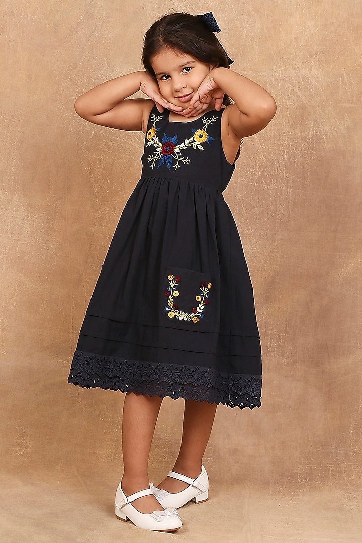 Charcoal Black Organic Cotton Floral Embroidered Dress For Girls by The Right Cut Kids at Pernia's Pop Up Shop