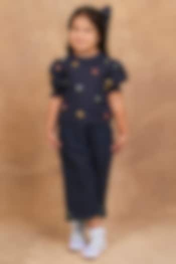 Indigo Linen Floral Embroidered Co-Ord Set For Girls by The Right Cut Kids at Pernia's Pop Up Shop