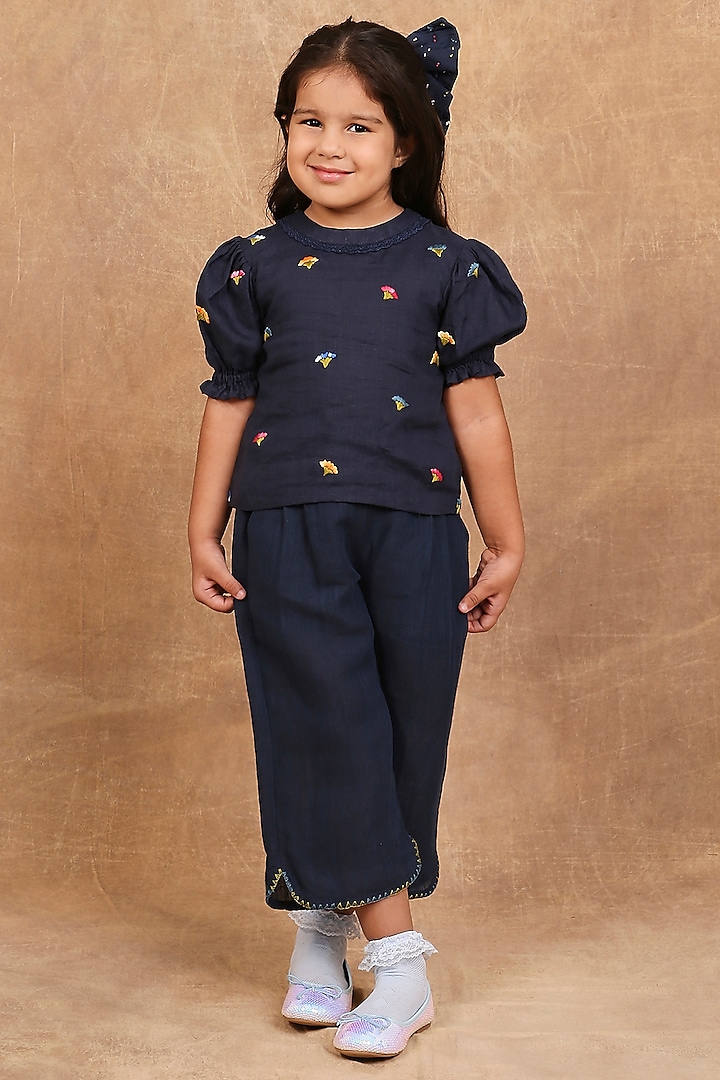 Indigo Linen Floral Embroidered Co-Ord Set For Girls by The Right Cut Kids at Pernia's Pop Up Shop