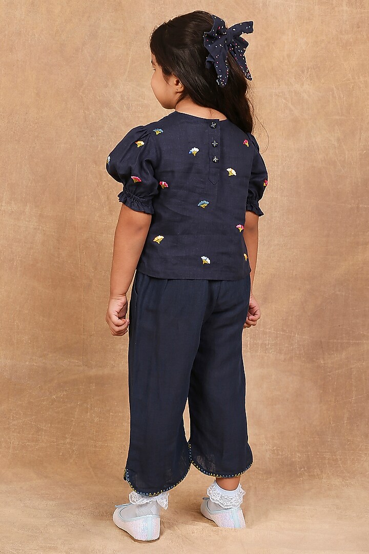 Indigo Linen Floral Embroidered Co-Ord Set For Girls by The Right Cut Kids at Pernia's Pop Up Shop
