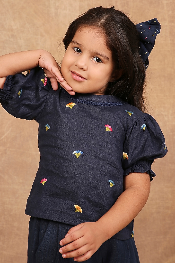 Indigo Linen Floral Embroidered Co-Ord Set For Girls by The Right Cut Kids at Pernia's Pop Up Shop