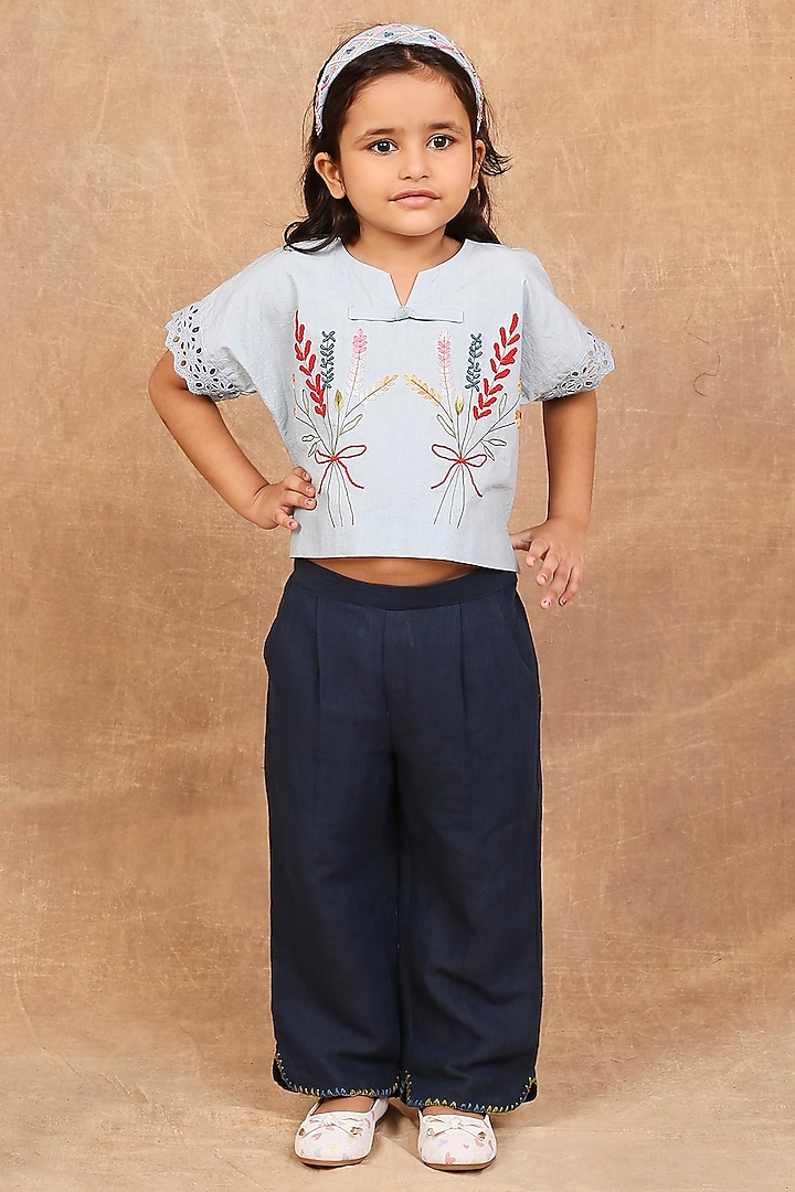 Ice Blue & Indigo Organic Cotton Baroque Embroidered Co-Ord Set For Girls by The Right Cut Kids at Pernia's Pop Up Shop