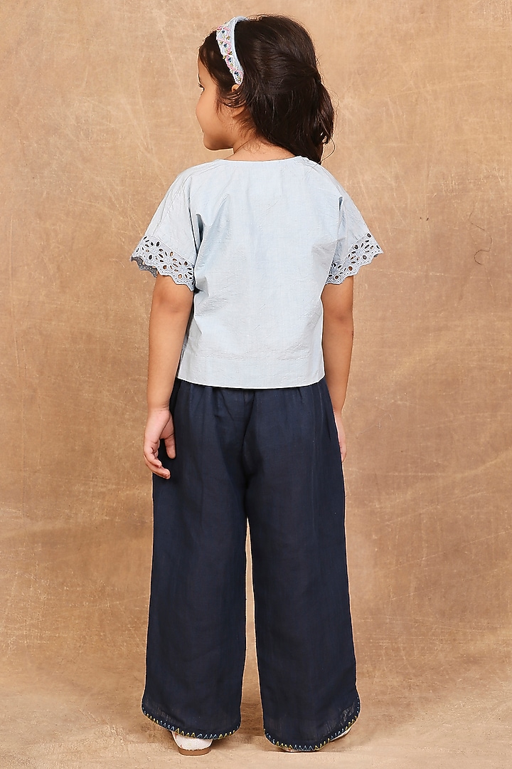 Ice Blue & Indigo Organic Cotton Baroque Embroidered Co-Ord Set For Girls by The Right Cut Kids at Pernia's Pop Up Shop