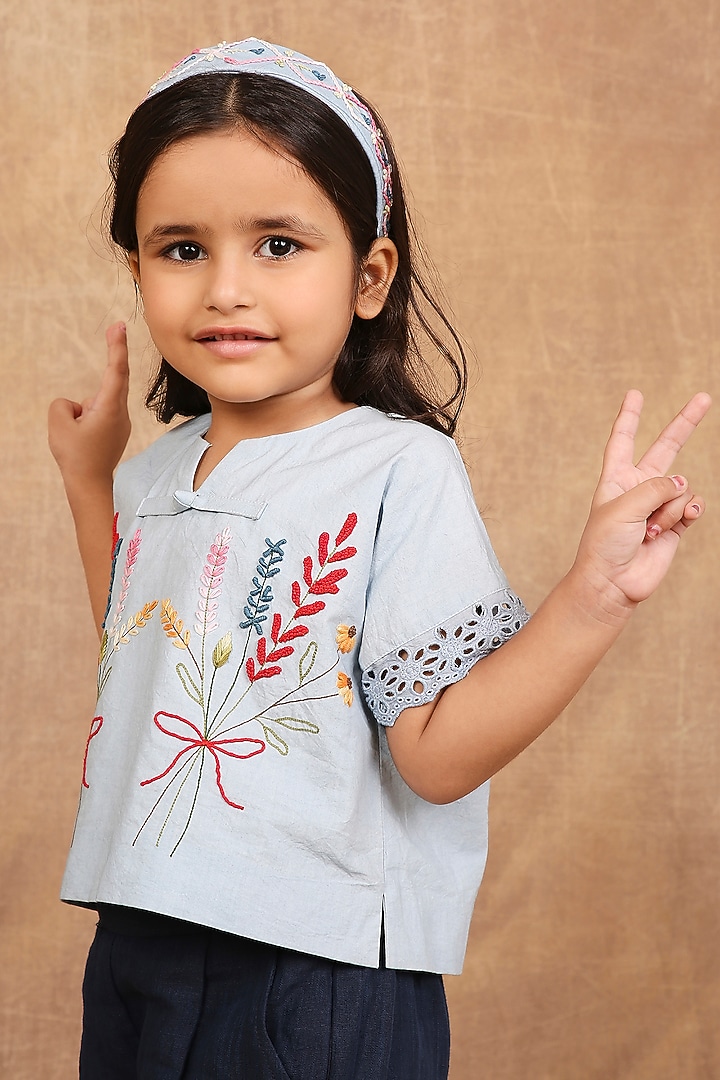 Ice Blue & Indigo Organic Cotton Baroque Embroidered Co-Ord Set For Girls by The Right Cut Kids at Pernia's Pop Up Shop
