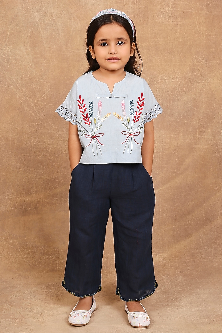 Ice Blue & Indigo Organic Cotton Baroque Embroidered Co-Ord Set For Girls by The Right Cut Kids at Pernia's Pop Up Shop