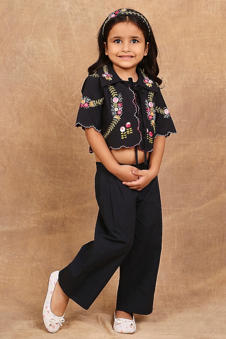 Charcoal Black Organic Cotton Floral Embroidered Co-Ord Set For Girls by The Right Cut Kids