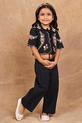 Charcoal Black Organic Cotton Floral Embroidered Co-Ord Set For Girls by The Right Cut Kids