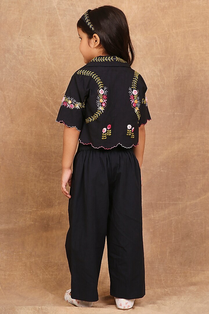 Charcoal Black Organic Cotton Floral Embroidered Co-Ord Set For Girls by The Right Cut Kids at Pernia's Pop Up Shop