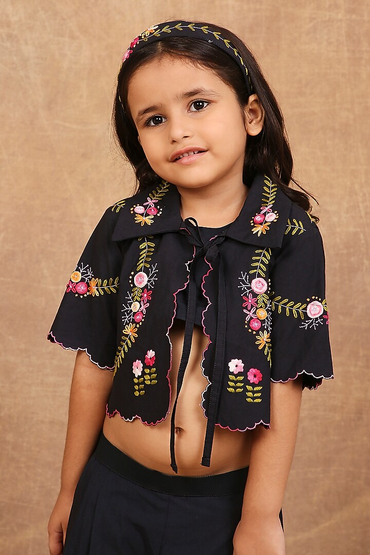 Charcoal Black Organic Cotton Floral Embroidered Co-Ord Set For Girls by The Right Cut Kids at Pernia's Pop Up Shop