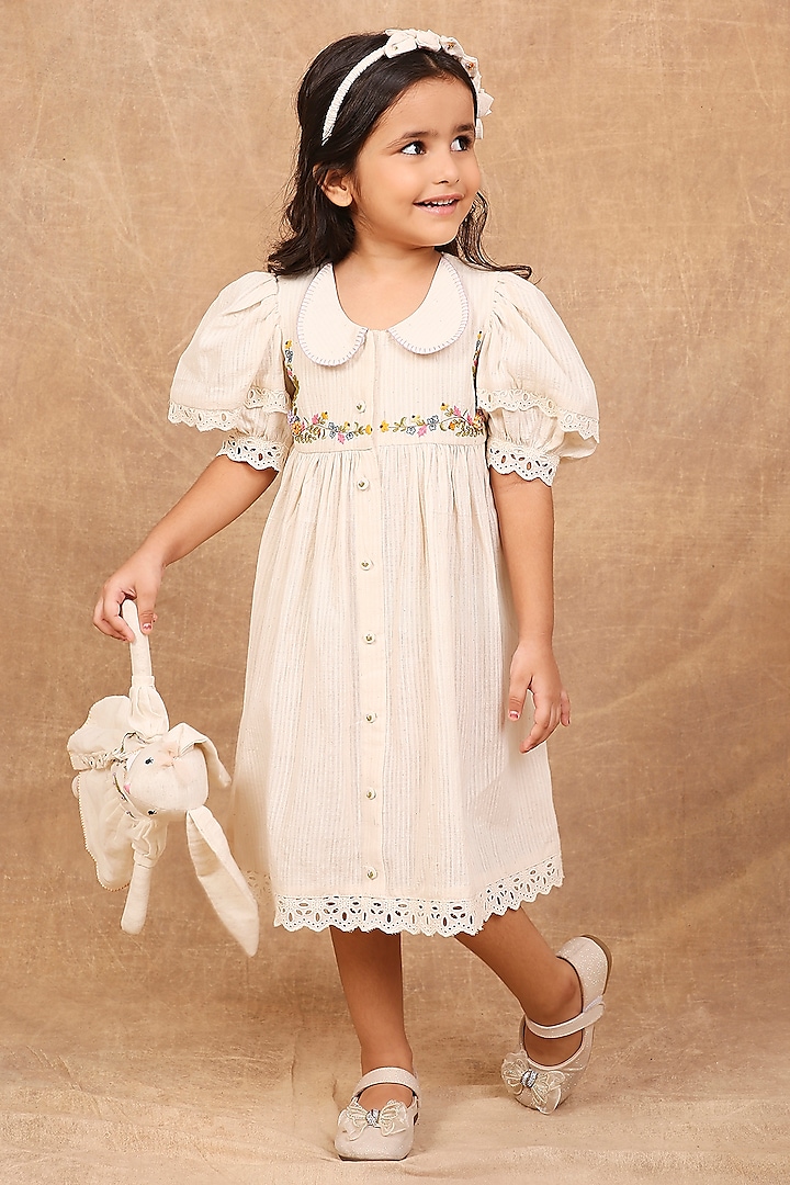 Ivory Malkha Floral Embroidered Dress For Girls by The Right Cut Kids at Pernia's Pop Up Shop