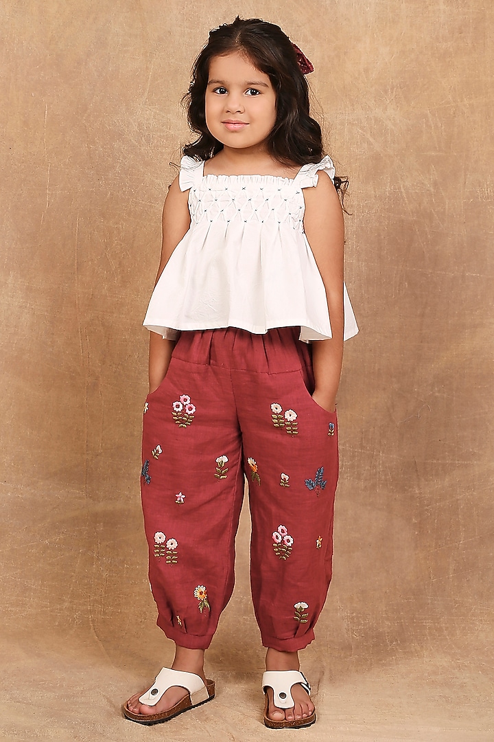 White & Earthy Red Organic Cotton Machine Embroidered Co-Ord Set For Girls by The Right Cut Kids