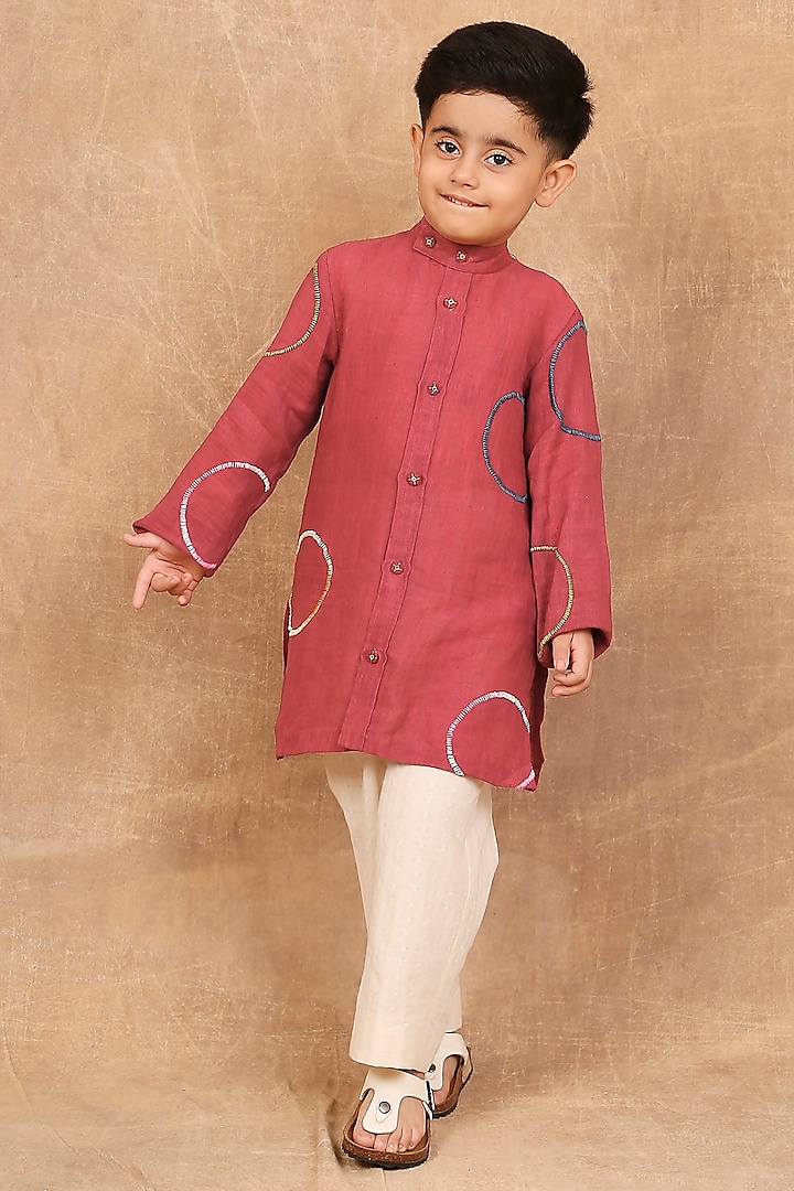 Earthy Red Linen Embroidered Kurta For Boys by The Right Cut Kids at Pernia's Pop Up Shop