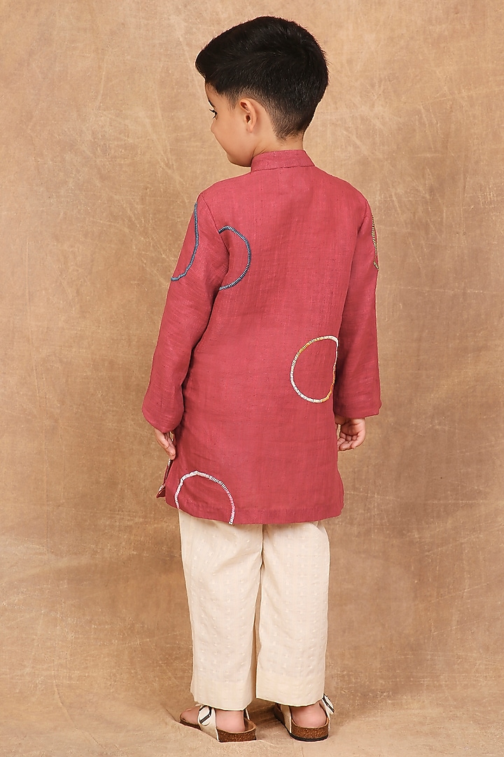 Earthy Red Linen Embroidered Kurta For Boys by The Right Cut Kids at Pernia's Pop Up Shop
