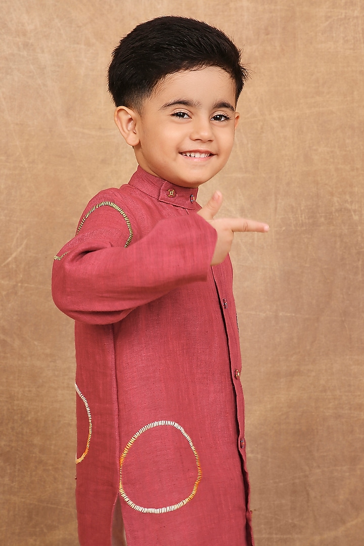 Earthy Red Linen Embroidered Kurta For Boys by The Right Cut Kids at Pernia's Pop Up Shop