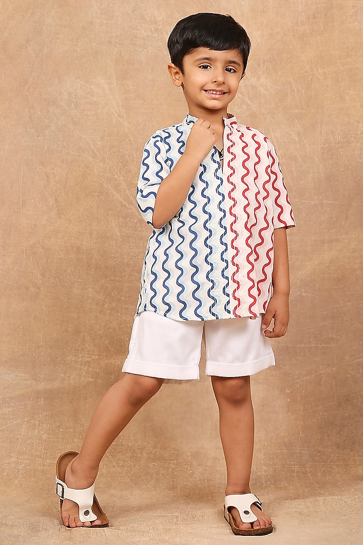 Red & Blue Pure Cotton Kantha Hand Embroidered Kurta For Boys by The Right Cut Kids